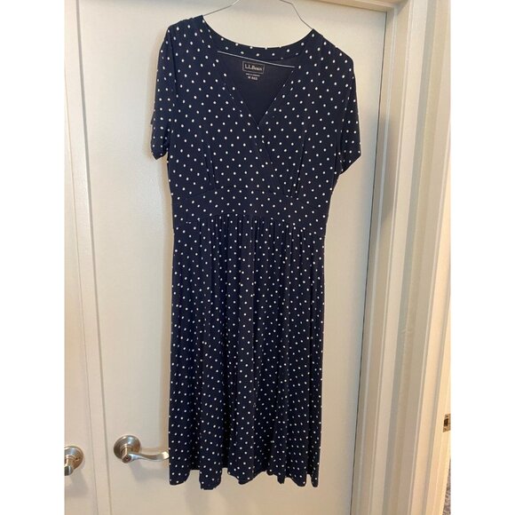 LL Bean Women Classic Dress Navy Blue & White Polka Dot  V-Neck Lg - Picture 3 of 12
